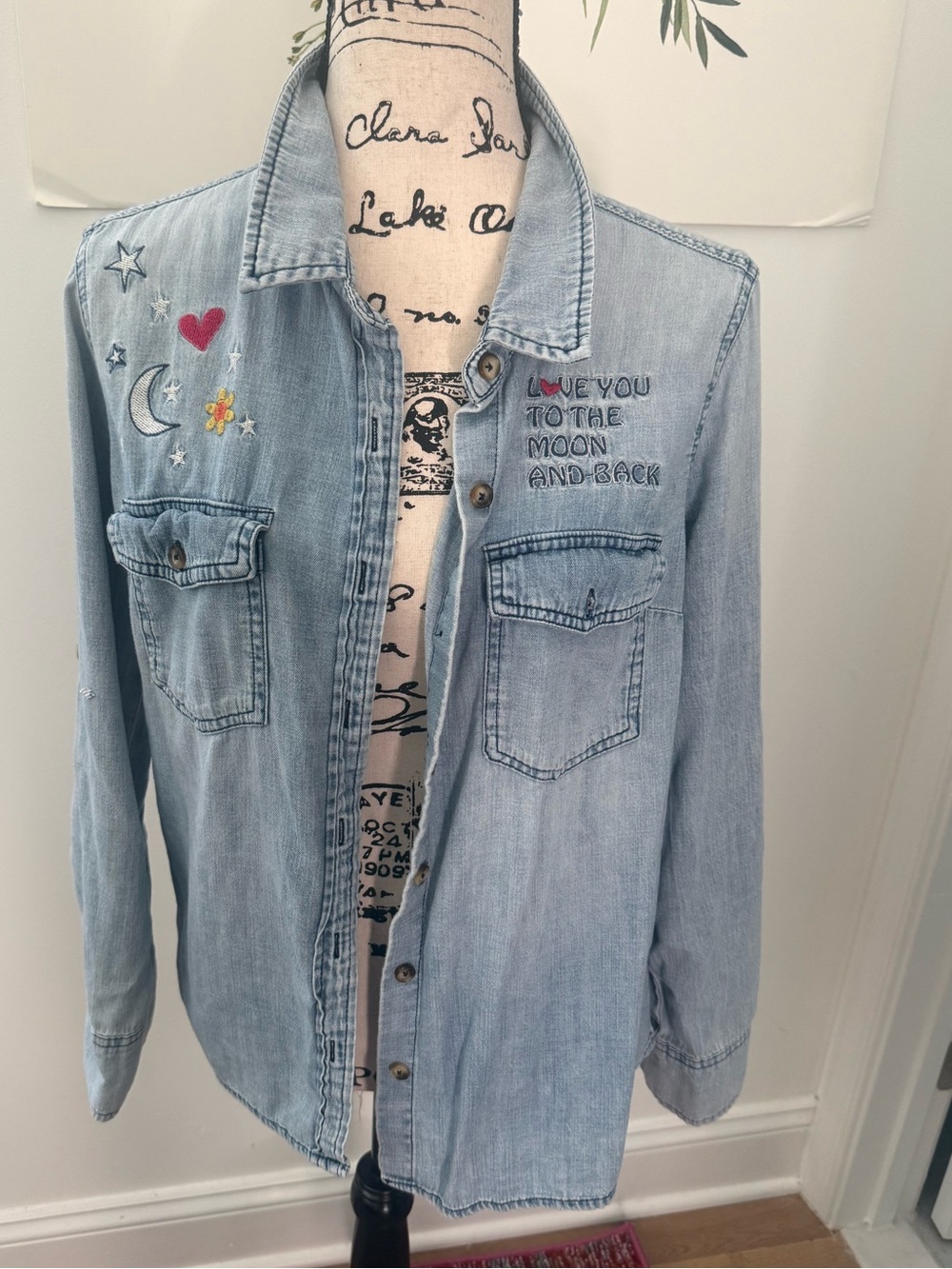 Billy T Embroidered Denim Shirt - Love You to the Moon - Rainbow & Floral Detail